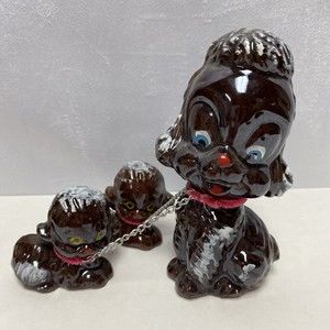 Vintage Retro Brown poodles chained with two puppies 60’s 70’s‎